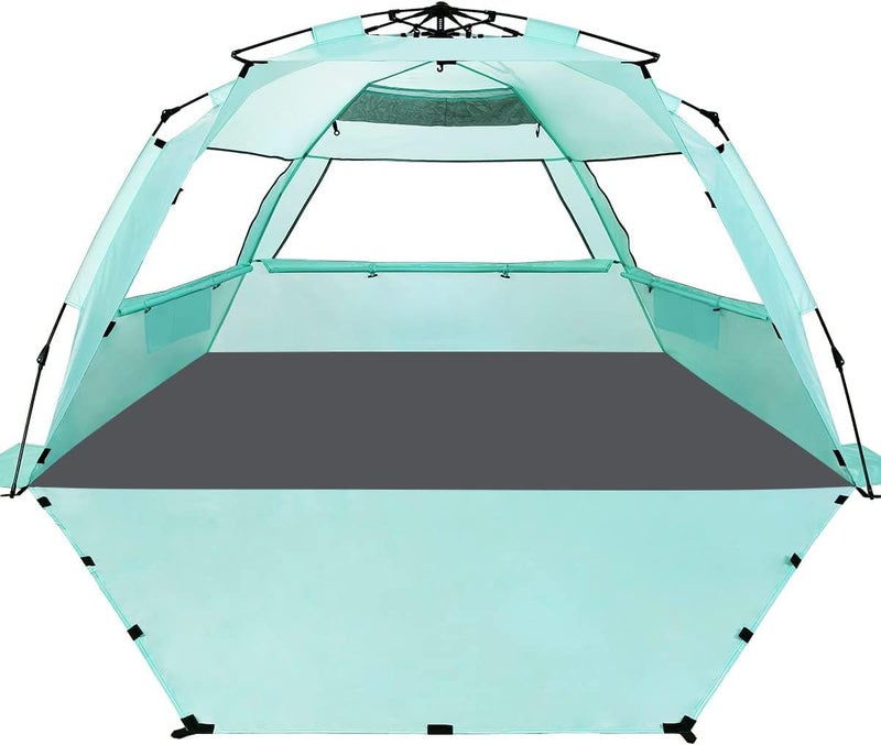 WhiteFang Deluxe XL Pop Up Beach Tent Sun Shade Shelter for 3-4 Person, UV Protection, Extendable Floor with 3 Ventilating Windows Plus Carrying Bag, Stakes, and Guy Lines (Mint Green) - Image 1